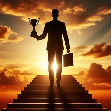 Home man standing on stair with trophy, succes business, success stairs, trophy background image and wallpaper for free download